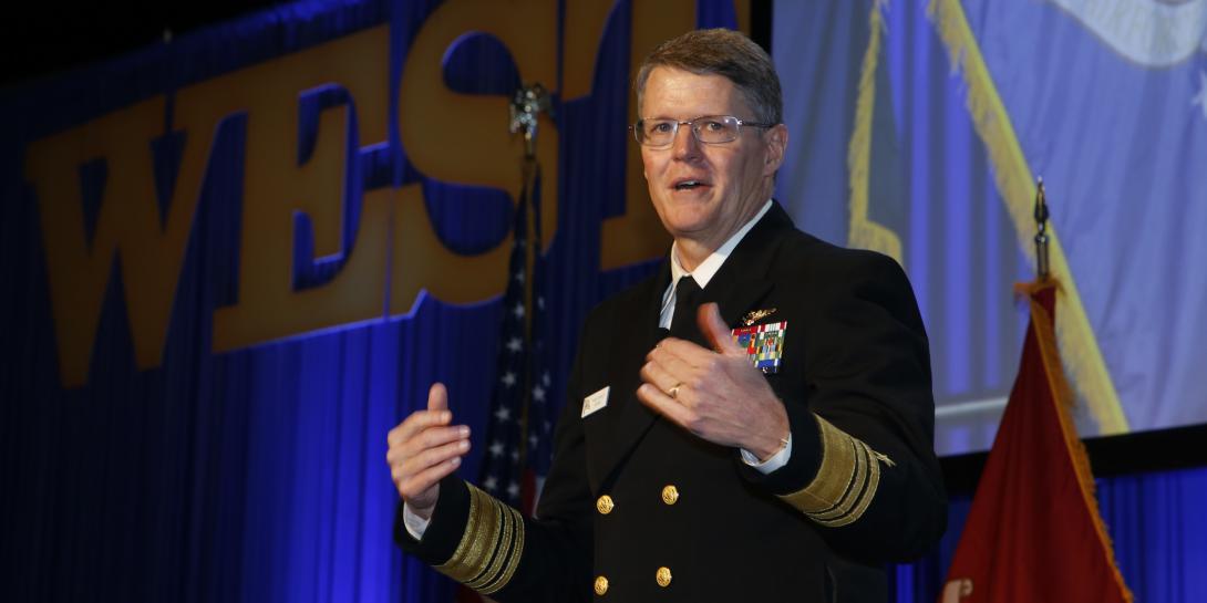 Adm. Frank Morley, USN, principal military deputy assistant secretary of the Navy (Research, Development and Acquisition), describes how new program approaches are speeding innovation in major Navy procurements during WEST 2022. Photo by Michael Carpenter