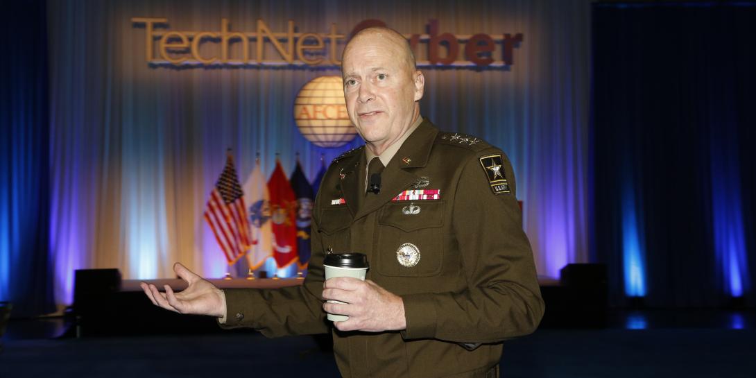 Lt. Gen. John Morrison, USA, U.S. Amy deputy chief of staff, G-6 addresses the audience at TechNet Cyber in Baltimore. Photo by Michael Carpenter