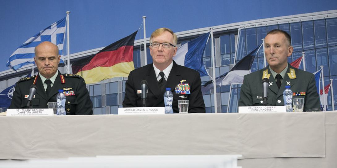 Last week, Canadian Forces Lt. Gen. Christian Juneau, deputy commander of the Allied Joint Force Command in Naples (l); Adm. James Foggo, USN, commander of the Allied Joint Force Command in Naples (c) ;and Lt. Gen. Rune Jakobsen, commander of the Norwegian Joint Headquarters in Bodo, Norway, outline plans for Trident Juncture, one of the largest joint defensive exercise that NATO has ever held.