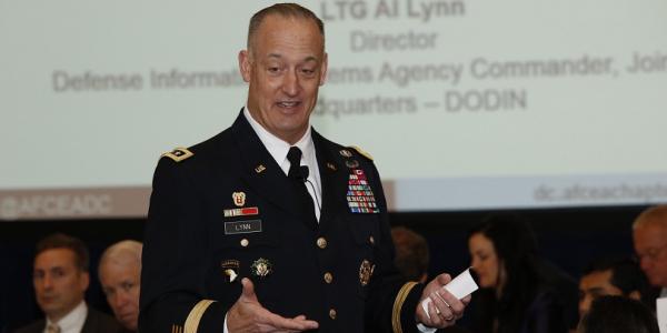Lt. Gen. Alan Lynn, USA, commander of Joint Force Headquarters–DODIN and DISA, forecasts future requirements and needed solutions to protect the Defense Department from cyber attacks during an AFCEA D.C. Chapter event. Photo by Michael Carpenter