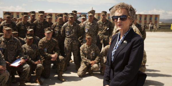 Galt speaks in 2017 to U.S. Armed Forces service members in Mongolia during the annual Khaan Quest, the Mongolian-hosted exercise designed to strengthen the capabilities of the U.S., Mongolia and other partner nations in international peacekeeping operations. Galt emphasizes the need for strengthening U.S. partnerships, given the threat that China presents in the Indo-Pacific region. U.S. Marine Corps Forces, Pacific photo by Lance Cpl. Maximiliano Rosas