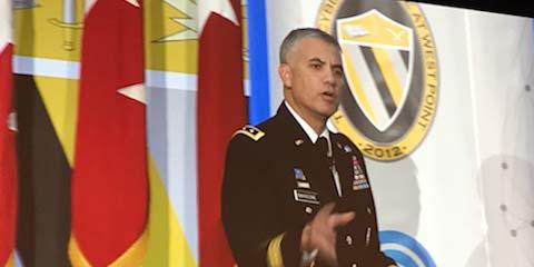 Gen. Paul Nakasone, USA, director of the National Security Agency and commander of U.S. Cyber Command, discusses datat mangement at TechNet Cyber. Photo by Michael Carpenter