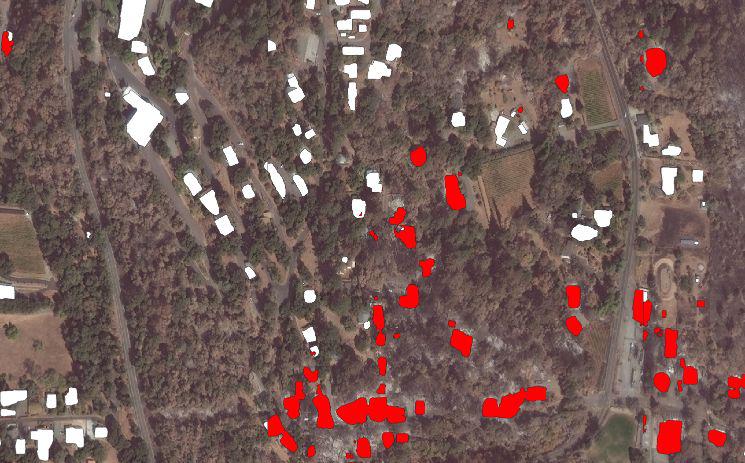 Output from the xView 2 prototype provides a snapshot of damage in a portion of the Glass Fire in the Sonoma, California area.  DIU; Imagery courtesy of Maxar