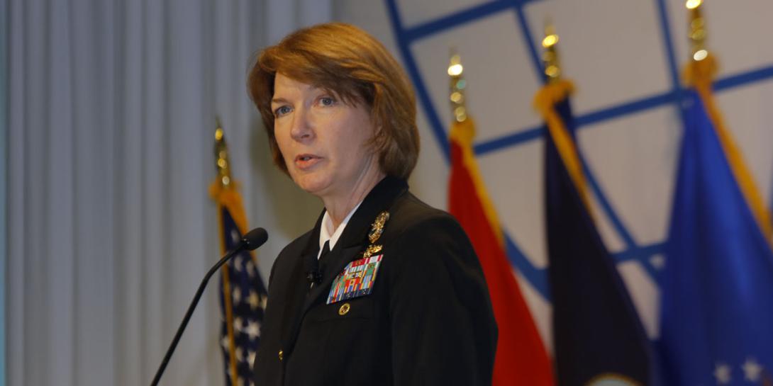 Vice Adm. Nancy Norton, USN, DISA director and commander of JFHQ-DODIN, speaks at the AFCEA Defensive Cyber Operations Symposium.