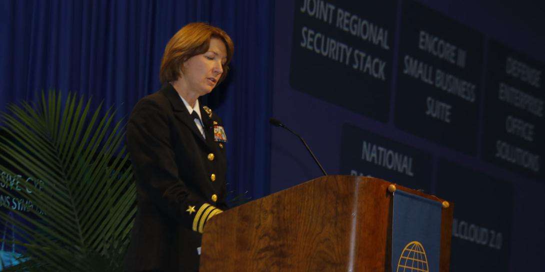 Vice Adm. Nancy Norton, USN, DISA director and commander of JFHQ-DODIN, speaks at the AFCEA Defensive Cyber Operations Symposium.