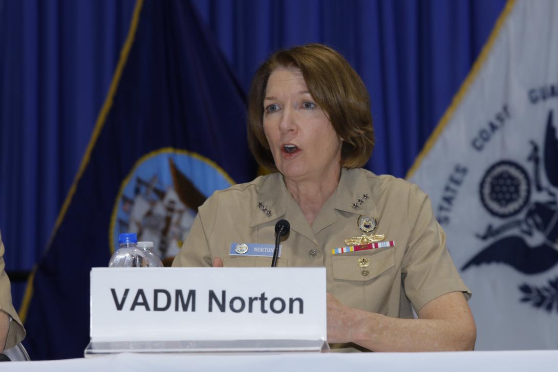 Vice Adm. Nancy Norton, USN, DISA director and commander, JFHQ-DODIN, discusses information warfare on a panel at West 2019. Photo by Michael Carpenter