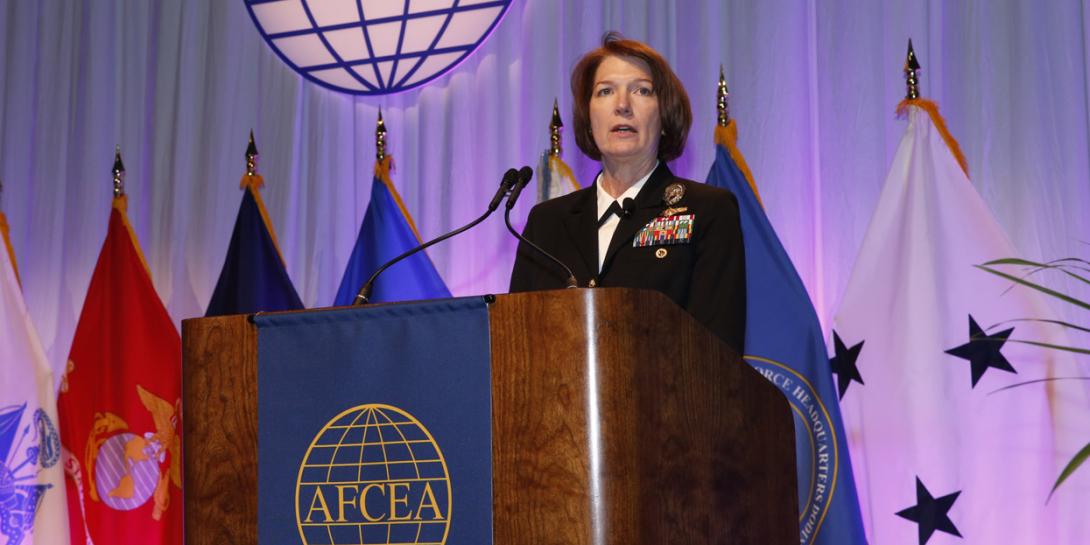 Vice Adm.Nancy Norton, USN, director, DISA, and commander, JFHQ-DODIN, addresses the TechNet Cyber conference. Photo by Michael Carpenter