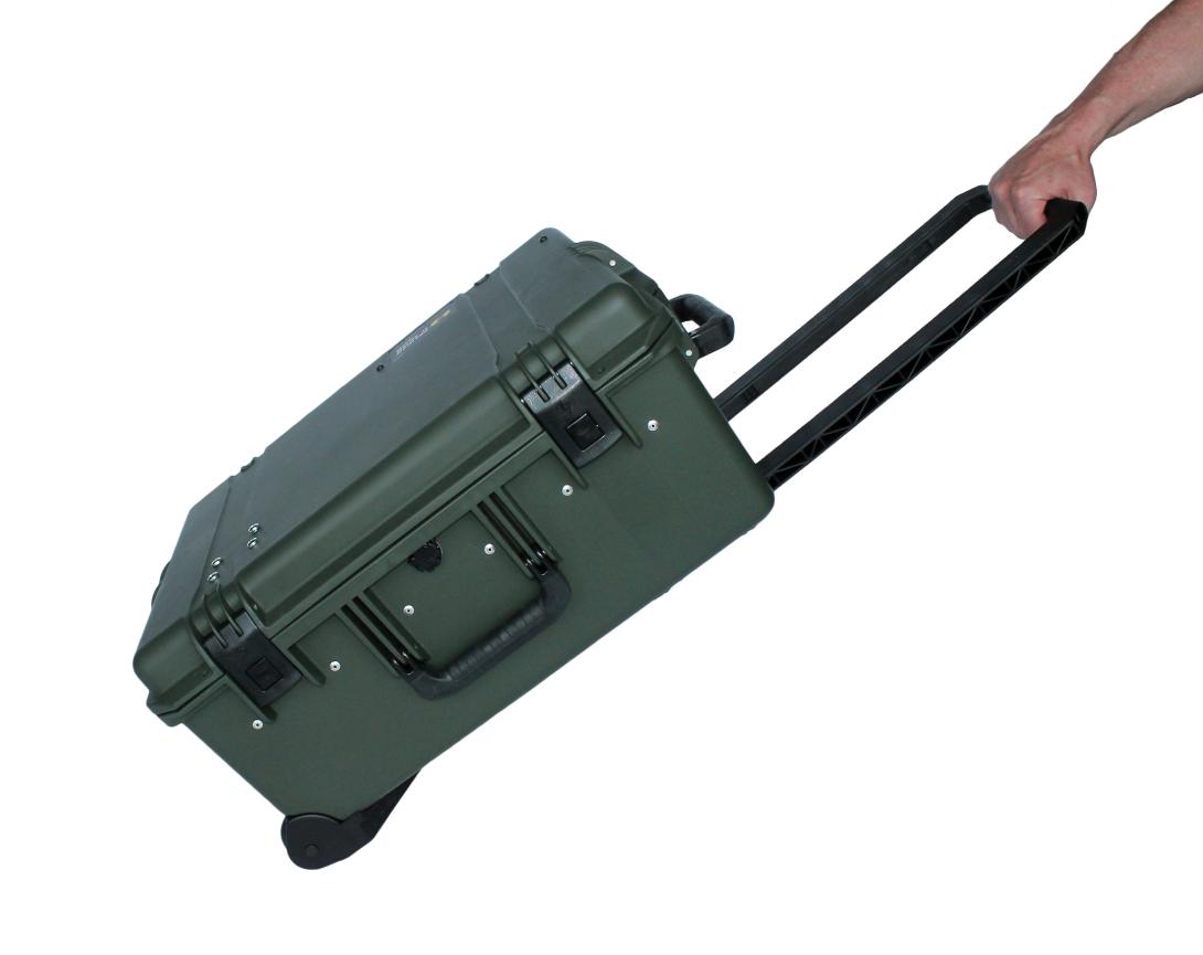 Fully packed, the device, measuring slightly larger than a carry-on piece of luggage, weighs 55 pounds and is easily transported.