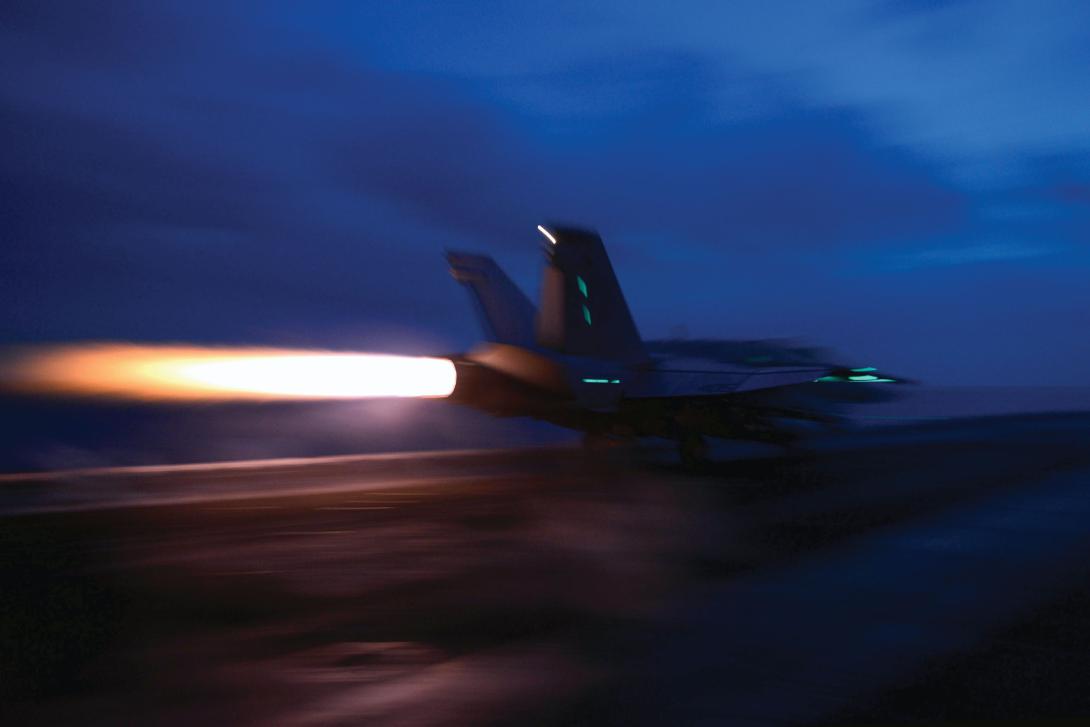 A U.S. Navy F/A-18C Hornet takes off from the USS John C. Stennis in the South China Sea. The Asia-Pacific region, home to dozens of nations with diverse relationships, may have its longtime peace and security disrupted by internal or external threats.