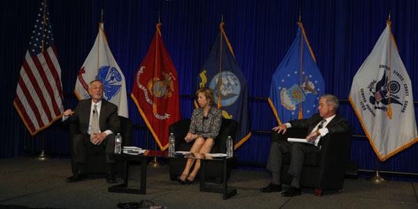 (l-r) Gordon R. England, former secretary of the Navy; Ellen Lord, president and CEO, Textron Systems Corporation; and Jerry DeMuro, president and CEO, BAE Systems, discuss the challenges of defense information technology acquisition at West 2015.