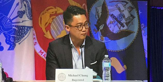 Michael Chung, head of solutions, government, Bugcrowd, speaks on an innovation panel at the AFCEA Defensive Cyber Operations Symposium.