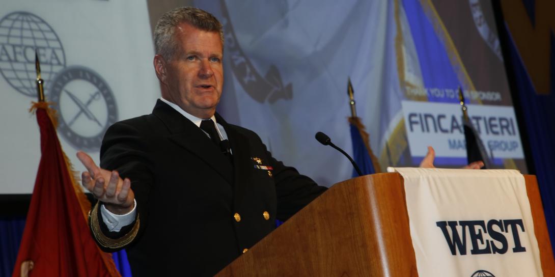 Adm. Samuel Paparo, USN, commander, U.S. Pacific Fleet, speaks at WEST 2022. Photo by Michael Carpenter