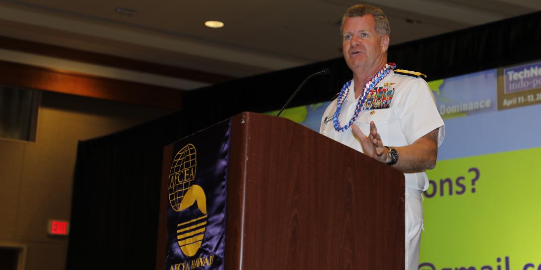 Adm. Samuel J. Paparo, USN, commander, U.S. Pacific Fleet, describes the solution to the ongoing threat to the international rules-based order at TechNet Indo-Pacific. Credit: Tony Grillo photo