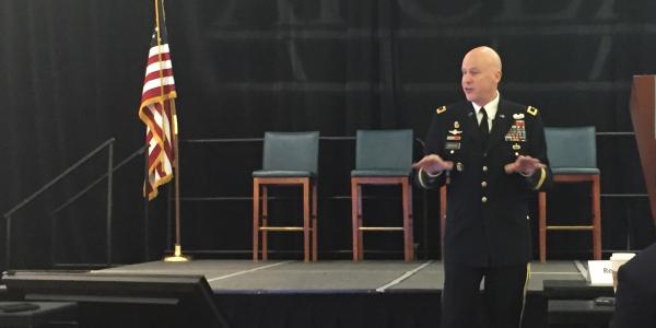 Maj. Gen. John B. Morrison Jr., USA, commanding general, U.S. Cyber Center of Excellence and Fort Gordon, Georgia, offers welcoming remarks at AFCEA’s first Cyber Education, Research and Training Symposium.