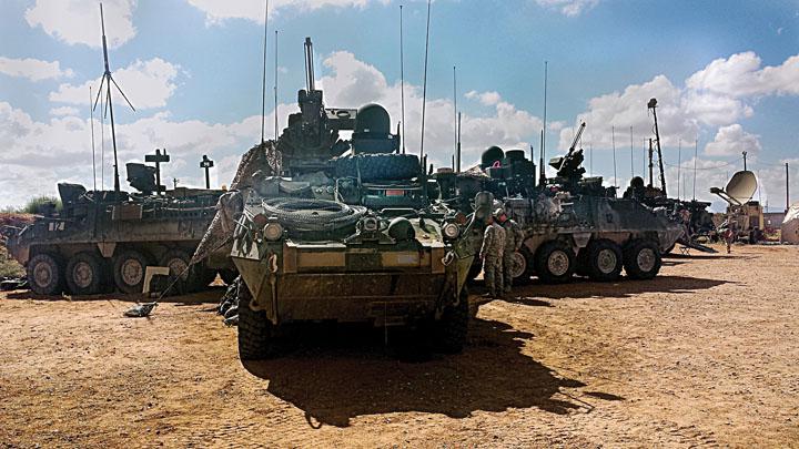 A Stryker Brigade combat team equipped with Warfighter Information Network-Tactical Increment 2 (WIN-T 2) prepares to move out during a Network Integration Evaluation. Army Research Laboratory scientists are exploring new methods of ensuring cyber resiliency so enemy operations cannot fully deny U.S. forces the use of their cyber assets in wartime. Credit: U.S. Army