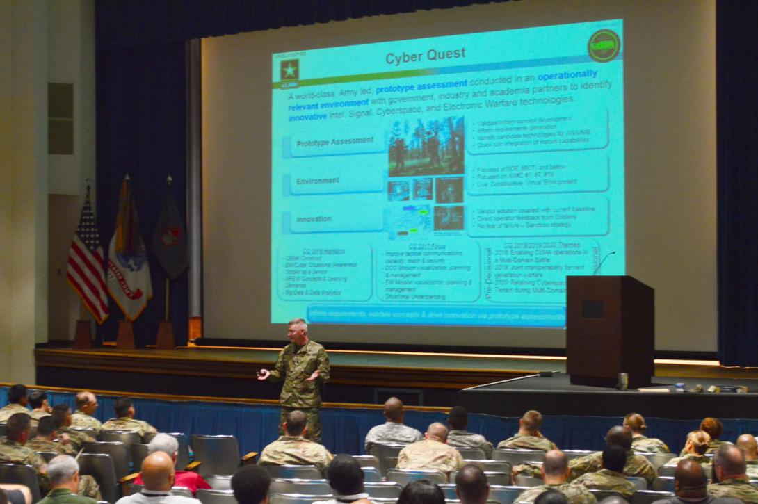 Commercial vendors attend a briefing on the limits of a Cyber Quest exercise. The private sector and academia are vital sources of solutions sought by the Army Cyber Battle Lab.
