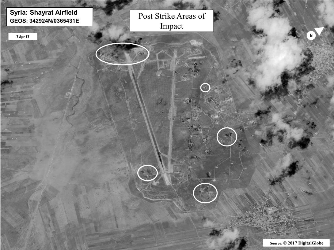 Imagery of U.S. missile strikes on Shayrat airfield, Syria, shows the damage after the onslaught. Surveillance and reconnaissance imagery risks tampering by malware injected into AI processing software, requiring built-in security before a machine learning system is deployed. Photo credit: U.S. Navy/DigitalGlobe