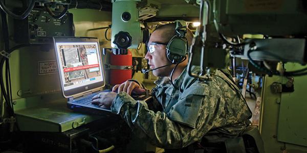 A soldier looks at intelligence data via the Distributed Common Ground System. The NRO’s Future Ground Architecture aims to revolutionize the capabilities of NRO assets available to ground users.