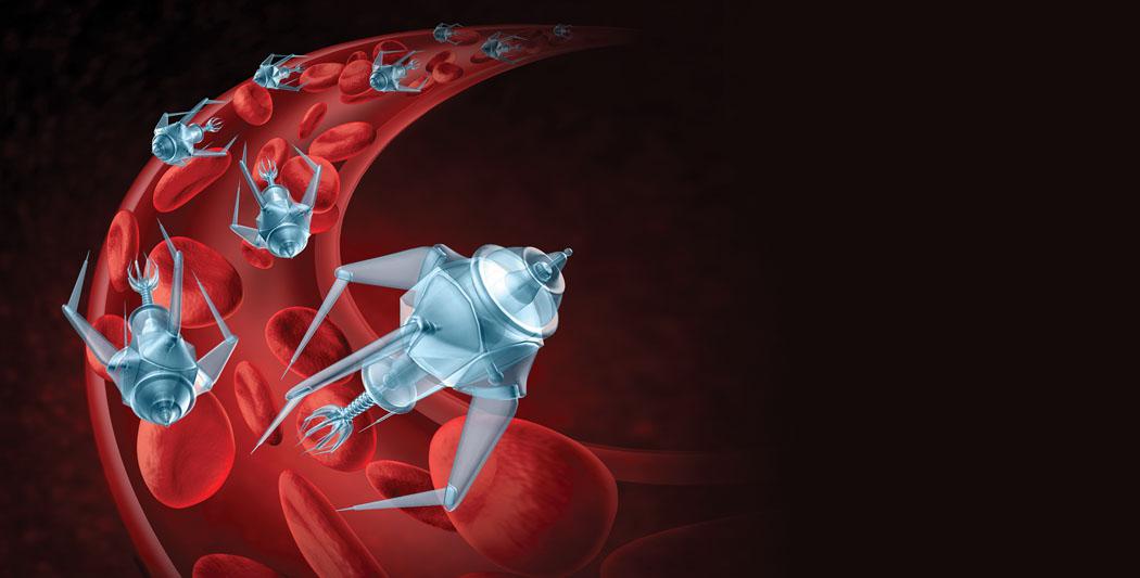 An artist’s concept shows nanorobots cruising through the bloodstream amid corpuscles as they head for a target site, where they will treat a patient. Security experts fear that these types of nanorobots could be compromised by a hacker who reprograms them for malicious action. credit: Shutterstock imagery by Lightspring
