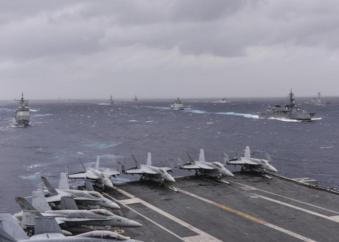 Ships from the Indian navy, Japan Maritime Self-Defense Force and the U.S. Navy sail in formation in the Bay of Bengal during Exercise Malabar 2017 in July. The Pacific Fleet is working to improve multilateral interoperability across the Indo-Asia-Pacific region.