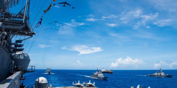 U.S. Air Force and Navy aircraft join ships of the USS Ronald Reagan in a multiservice exercise in the Pacific Ocean. The U.S. Indo-Pacific Command (INDOPACOM) seeks expanded capabilities to counter new and growing threats across a region that comprises more than half the Earth’s surface.  MC2 Kenneth Abbate