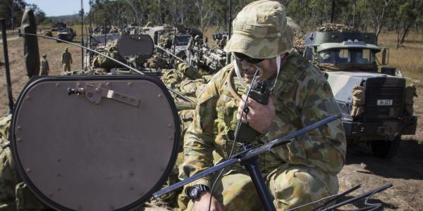 An Australian signalman communicates during Exercise Talisman Saber 17. The joint exercise with the United States is a vital part of Australia’s efforts to improve communications and information systems interoperability as it modernizes its force.