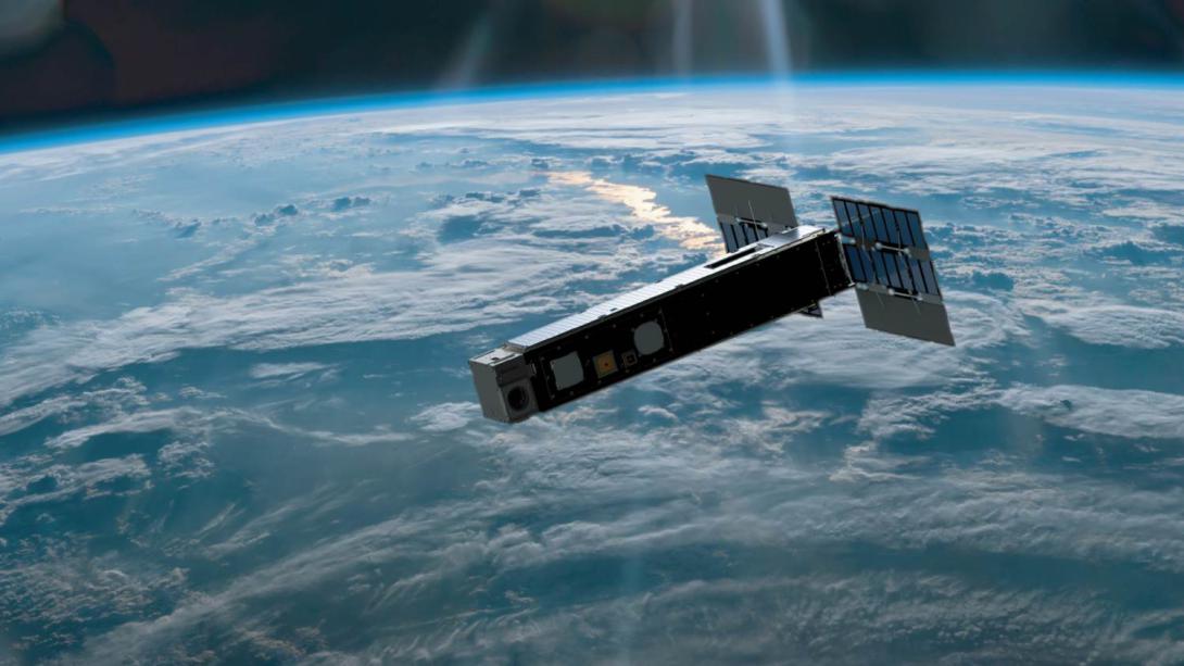 An artist’s concept shows the Biarri-Point GPS cube satellite, developed by the United States and Australian researchers, in orbit. Australia and the United States are increasing their cooperation in satellite development to ensure smoother collaboration during military operations.