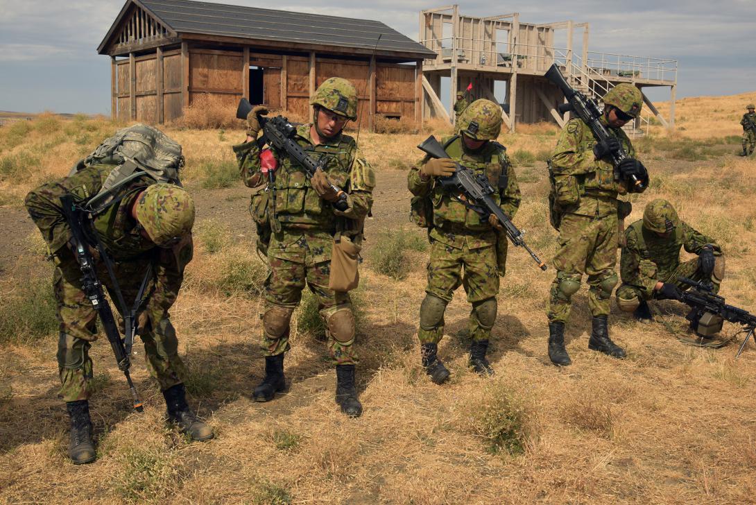Soldiers with the Japan Ground Self-Defense Force join in Rising Thunder 2019 at Yakima, Washington, in September. The bilateral live-fire exercise is part of the U.S. INDOPACOM drive to improve cooperative operations with regional allies.  1Sgt. Daniel Griego