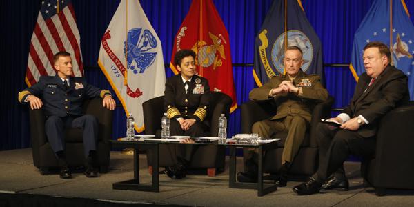 (r-l) Vice Adm. Peter H. Daly, USN (Ret.), CEO of the U.S. Naval Institute, moderates a panel featuring Gen. Joseph F. Dunford Jr., USMC, commandant of the Marine Corps; Adm. Michelle J. Howard, USN, vice chief of naval operations; and Adm. Paul F. Zukunft, USCG, commandant of the Coast Guard.