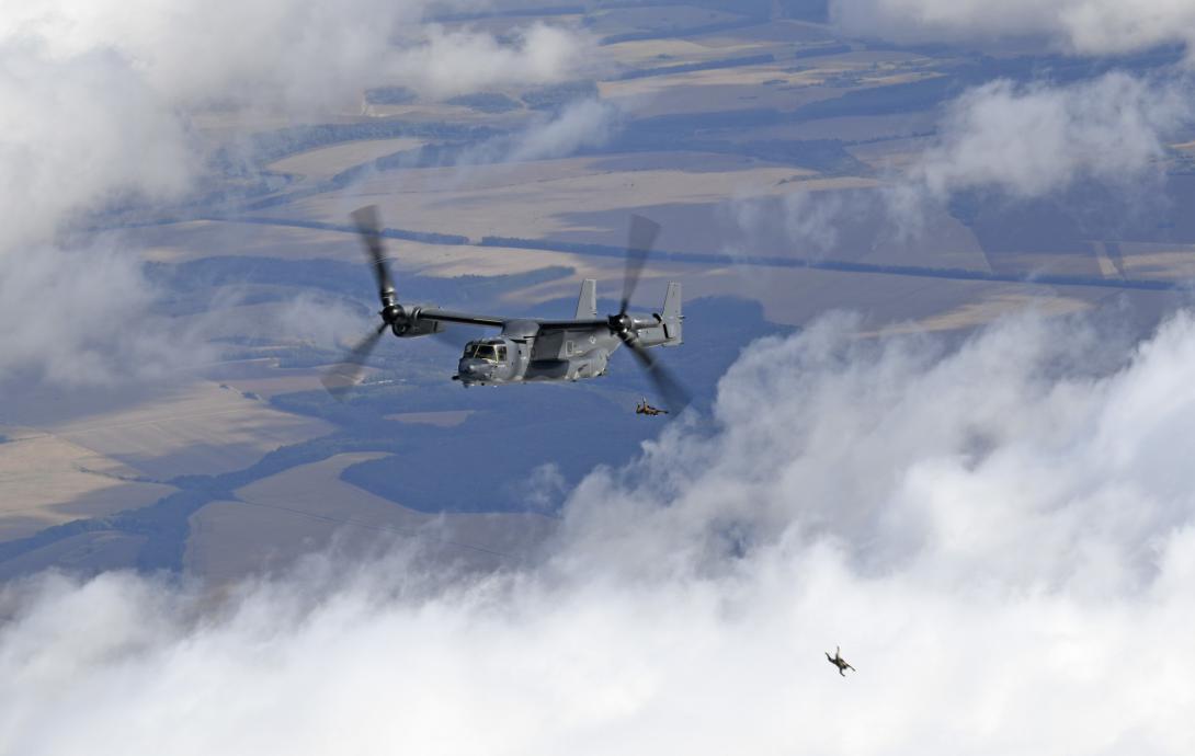  U.S. Army SOFs and their Ukrainian counterparts conduct military free fall operations from a U.S. Air Force Osprey over Ukraine in late 2020. A long-standing SOF partnership between the two nations helped train forces in both regional communications and special operations.  U.S. Air Force photo