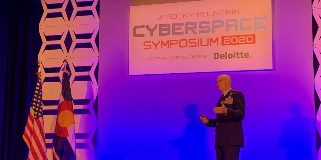 Lt. Gen. Christopher "Wedge" Weggeman, USAF, deputy commander, Air Combat Command (ACC), speaks at the AFCEA Rocky Mountain Chapter’s Cyberspace Symposium 2020.