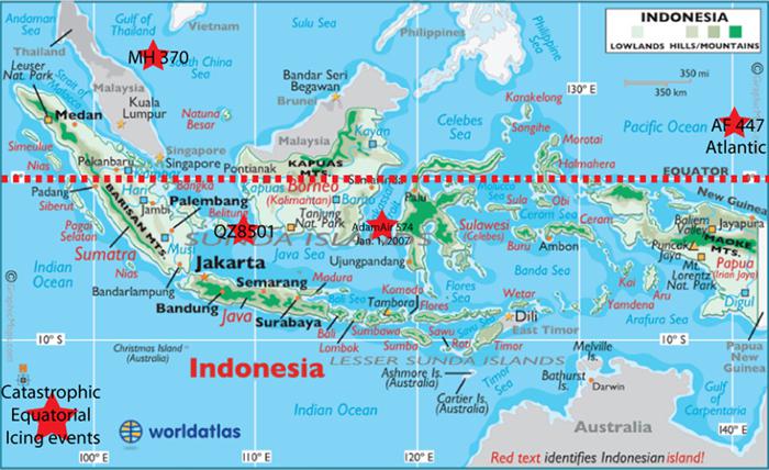 This chart plots the location of Southeast Asia airline crashes. Note the proximity to the equator. Because the AF447 flight was lost in the equatorial Atlantic Ocean, its location is shown as an insert in the upper right hand portion of the chart. The equator is correctly located for all events.