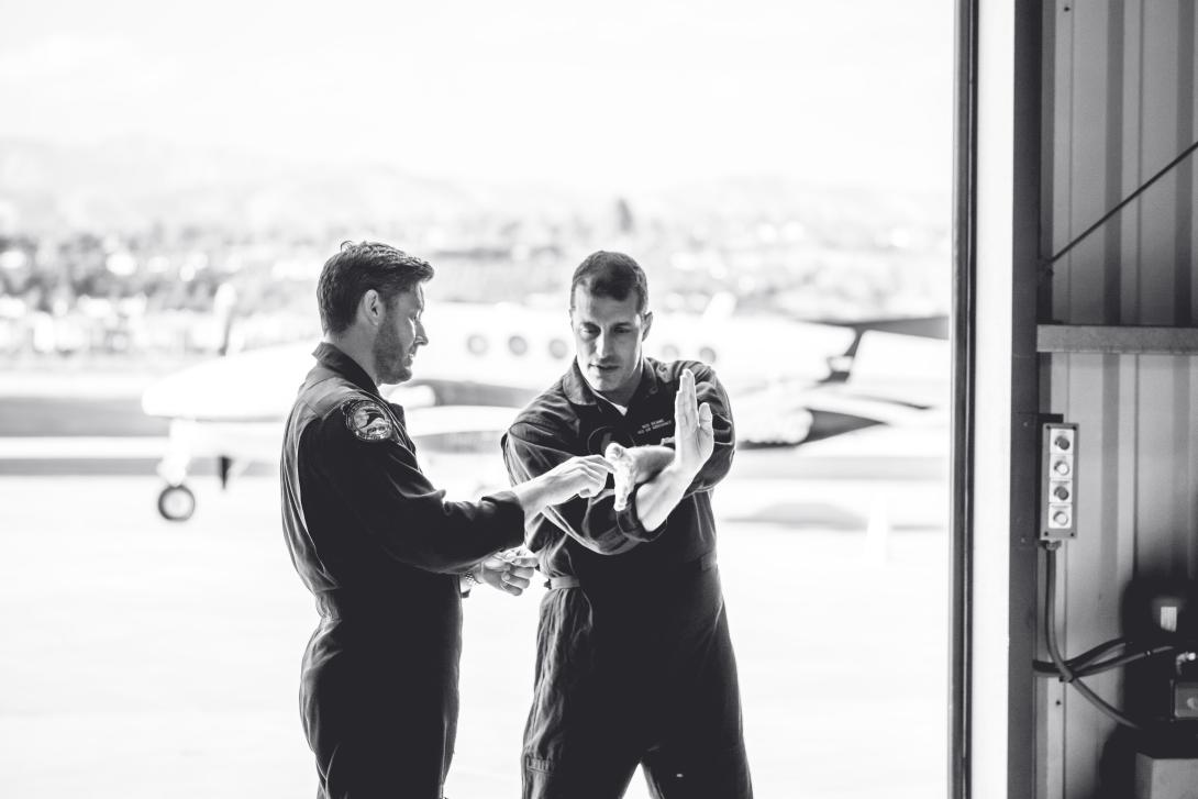 Red 6 co-founders Daniel Robinson (l), Glenn Synder (not pictured), and Nick Bicanic (r), and team have steadily improved the groundbreaking Airborne Tactical Augmented Reality System to now include ground-based synthetic threats for fighter pilots to face in air combat training. Credit: Red 6