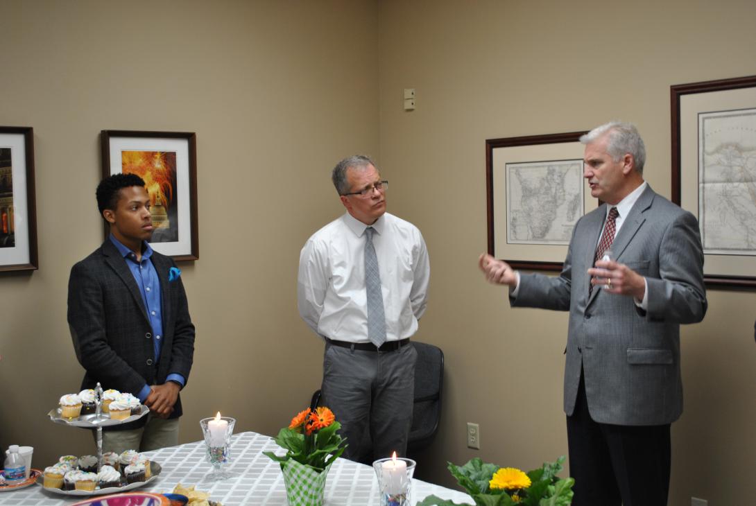 Rep. Tom Emmer (R-MN) (r) speaks with constituents at a military academy reception. As an “everyday man,” Rep. Emmer is pushing for blockchain platform adoption, given the positive impact the capability can have on the economy.  Office of Rep. Emmer
