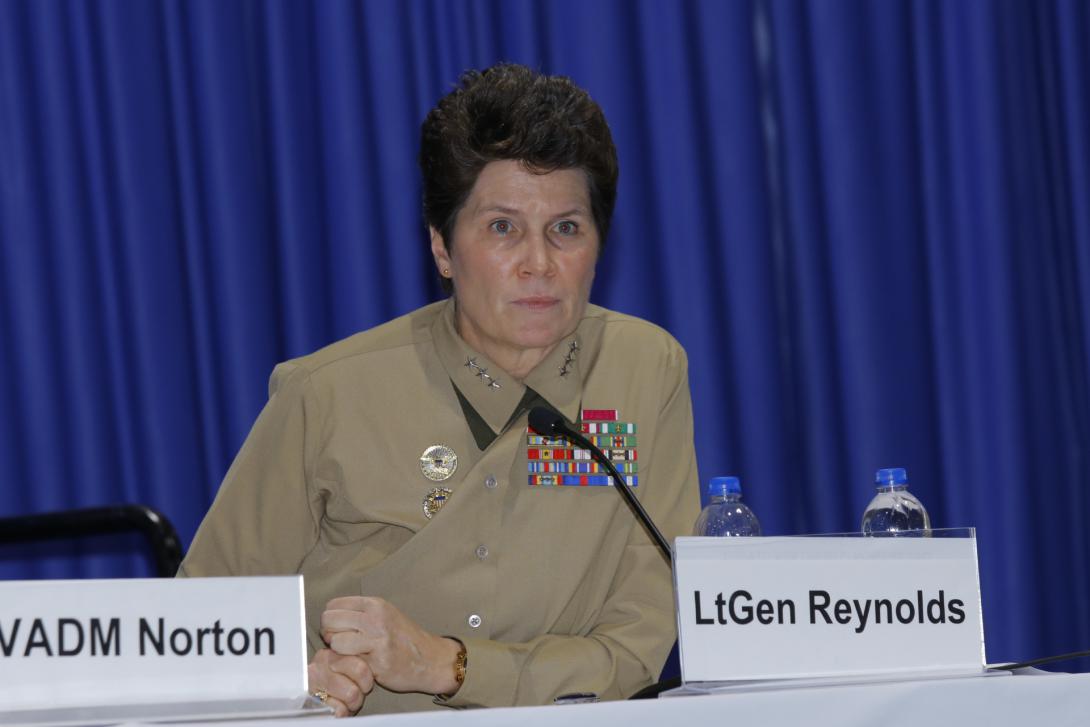 Lt. Gen. Loretta Reynolds, USMC, deputy commandant of information for the Marine Corps, talks about the importance of the information domain during a panel at West 2019. Photo by Michael Carpenter