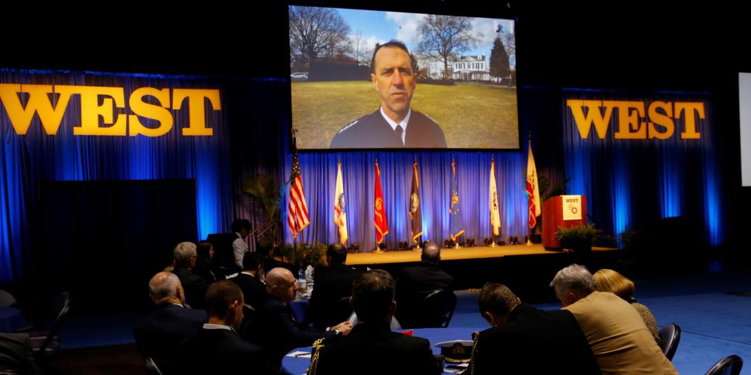 Adm. John Richardson, USN, chief of naval operations, speaks to the West 2019 audience via videoconference.