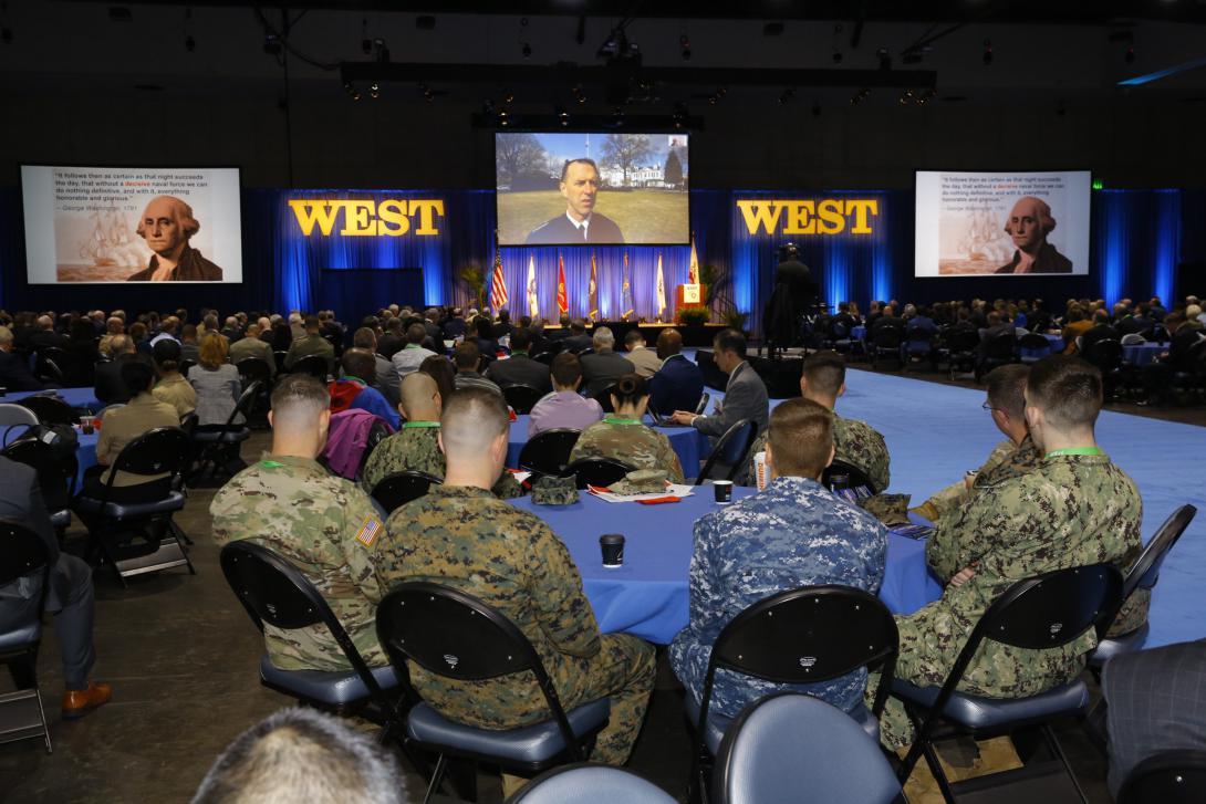 Adm. John Richardson, USN, chief of naval operations, speaks to the West 2019 audience via videoconference.