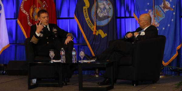 Adm. Michael Rogers, USN (l), and Adm. James Stavridis, USN (Ret.), discuss national security issues during day three of the West 2017 conference in San Diego. Photo by Mike Carpenter