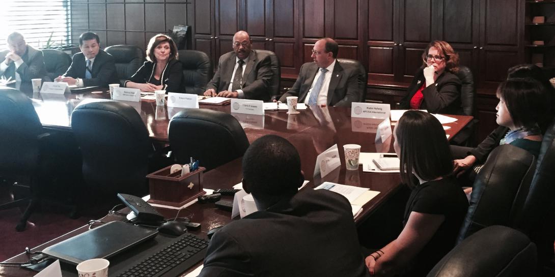 The Small Business Committee gathers for a presentation on teaming agreements by Marques Peterson and Kelly Buroker of Vedder Price.