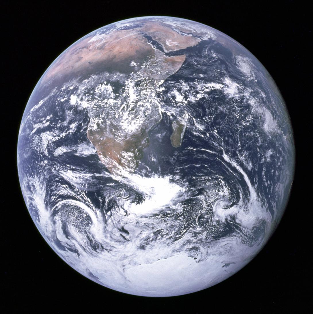 Apollo 17 astronauts capture a breathtaking view of Earth—and a first look at the South polar ice cap— as they travel to the moon on December 7, 1972. Images of the ice cap are copious today thanks in part to an explosion of commercial satellites in space. NASA photo