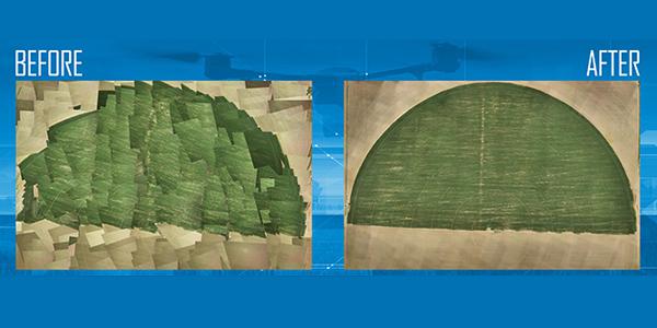 Before and after illustration of Lockheed Martin's GeoMI software to piece together a number of aerial photographs into one image. Without the software, the images fail to line up seamlessly.