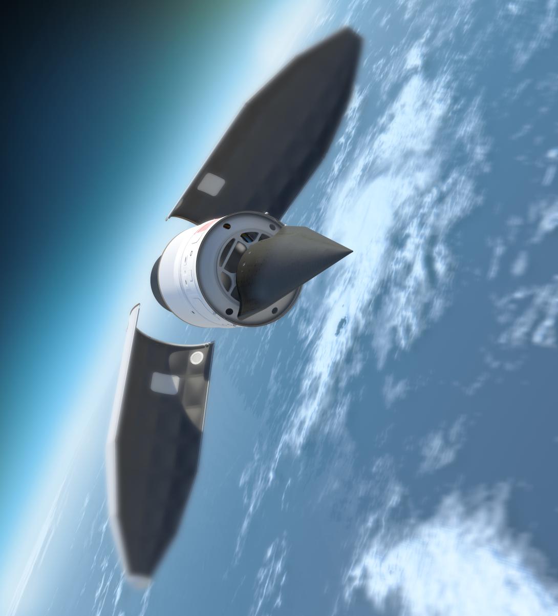 Parts of a hypersonic technology vehicle 2 (HTV-2) separate in flight in this artist’s rendering of a joint AFRL-DARPA program to develop systems that operate at hypersonic speeds. 