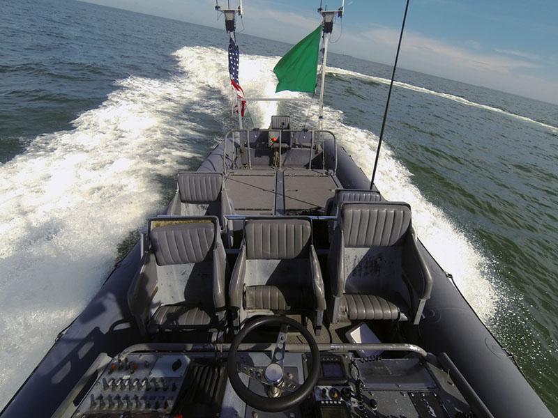 An unmanned rigid-hull inflatable boat operates autonomously during an Office of Naval Research (ONR)-sponsored demonstration of swarmboat technology at Virginia’s Joint Expeditionary Base Little Creek-Fort Story. During the demonstration, four boats used an ONR-sponsored system called Control Architecture for Robotic Agent Command and Sensing to run autonomously during various scenarios designed to identify, trail or track a target.