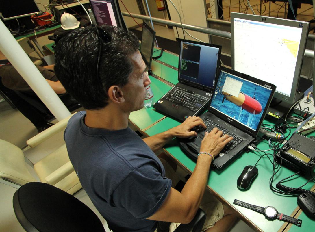 An engineer works in the main laboratory aboard the NATO Research Vessel Alliance, operated by the CMRE. The center employs 150 scientists, engineers, support staff and contractors.