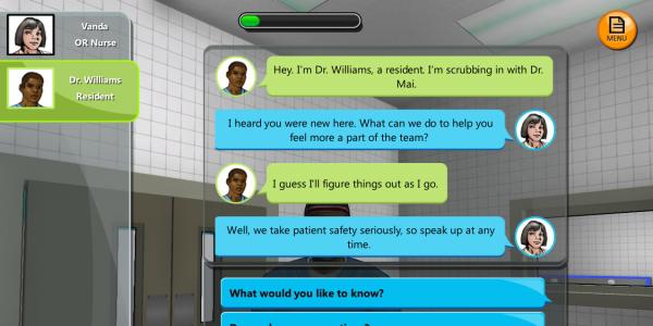 A “serious game” developed by Alion Science and Technology puts players inside virtual operating rooms to teach proper communication skills as it guides players through real-world surgery scenarios.