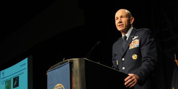 Lt. Gen. James Holmes, USAF, deputy chief of staff for strategic plans and requirements for the Air Force, talks about the rise of Russian and Chinese military and technological advancements that threaten U.S. superiority in both air and cyberspace during AFCEA’s TechNet Air symposium in San Antonio.
