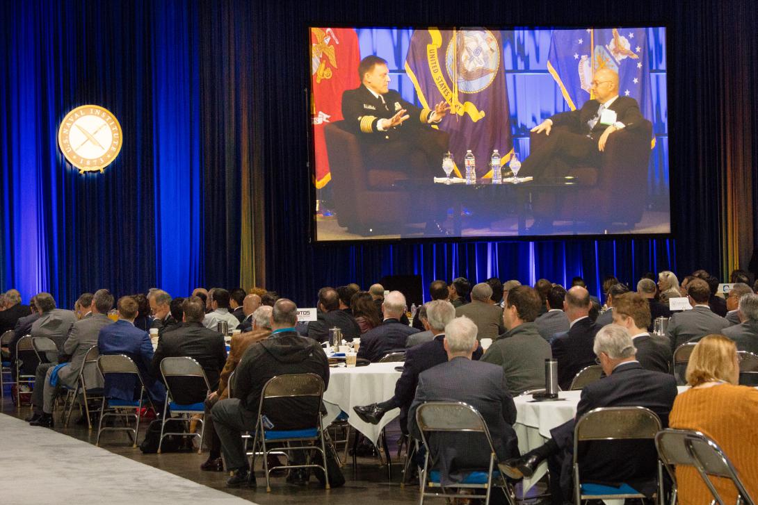 Participants pack a conference hall to catch a presentation by Adm. Michael Rogers, USN, head of the National Security Agency and U.S. Cyber Command, and Adm. James Stavridis, USN (Ret.), former NATO commander.  Photo by Michael Carpenter