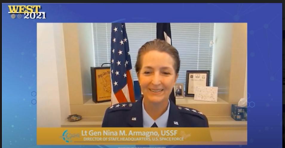 Lt. Gen. Nina M. Armagno, USSF, director of staff of the Office of the Chief of Space Operations of the U.S. Space Force, delivers a keynote address at West 2021 on Wednesday celebrating AFCEA's 8th annual Women's Appreciation event. 