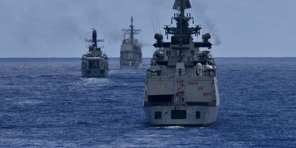 The HMAS Ballarat, USS Mobile Bay, CNS Cochrane, INS Satpura, HMCS Calgary and USS Shoup prepare for a live-fire exercise during Rim of the Pacific (RIMPAC) 2016. Interoperability in the Pacific theater is a constant challenge for U.S. forces that are relying more and more on new information technologies.