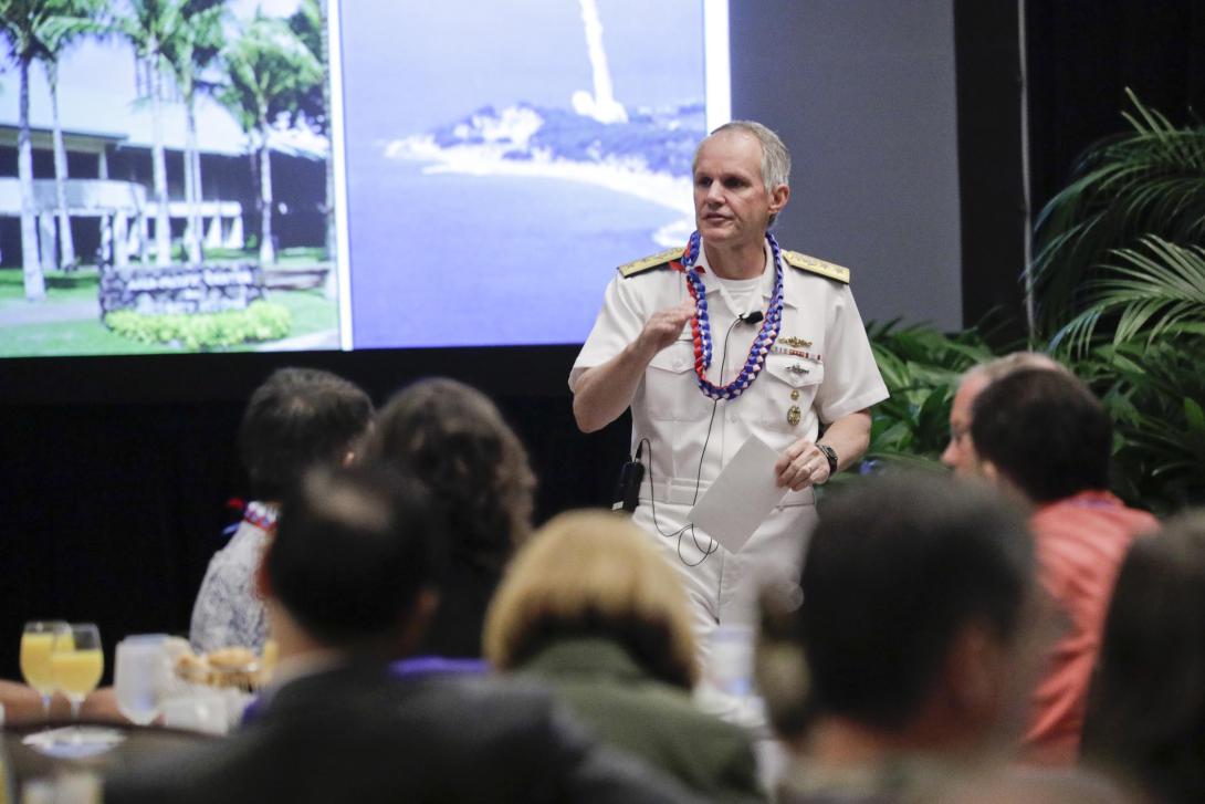 Rear Adm. Phillip Sawyer, USN, deputy commander, U.S. Pacific Fleet, speaks at AFCEA TechNet Asia-Pacific in Honolulu. Photo by Bob Goodwin